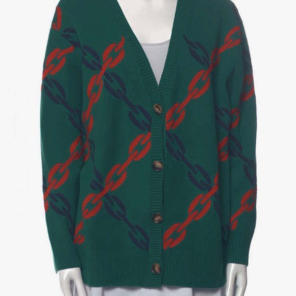 Clare V - Green and Red Chain Pattern Cardigan Sweater - Picture 2 of 4